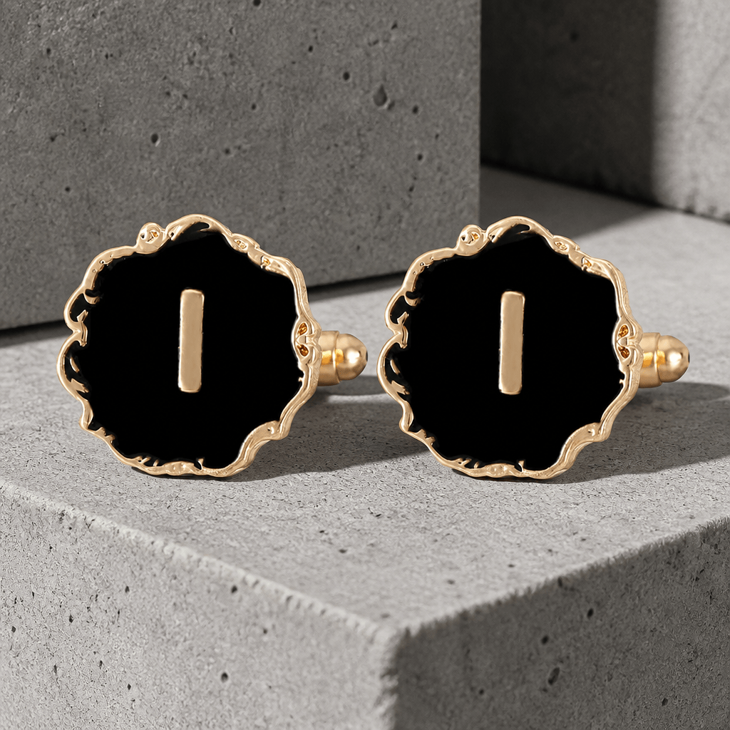 Boutons de manchette homme initiale I, émail noir et lettre dorée