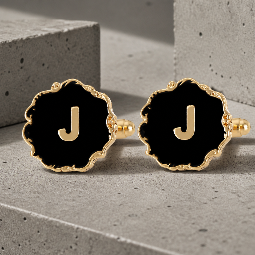 Boutons de manchette homme initiale J, émail noir et lettre dorée