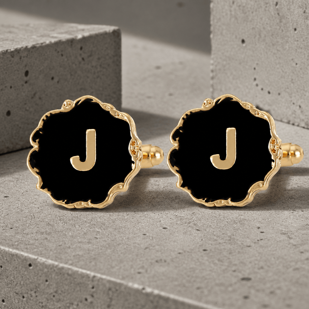 Boutons de manchette homme initiale J, émail noir et lettre dorée