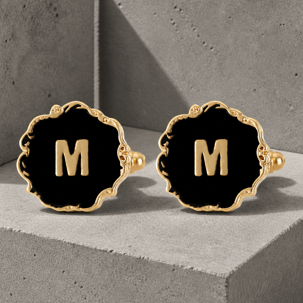 Boutons de manchette homme initiale M, émail noir et lettre dorée