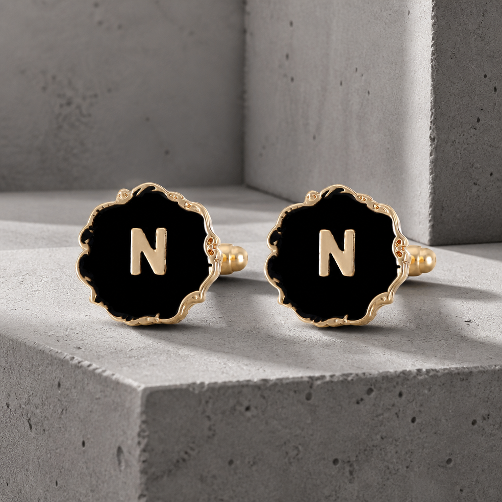Boutons de manchette homme initiale N, émail noir et lettre dorée