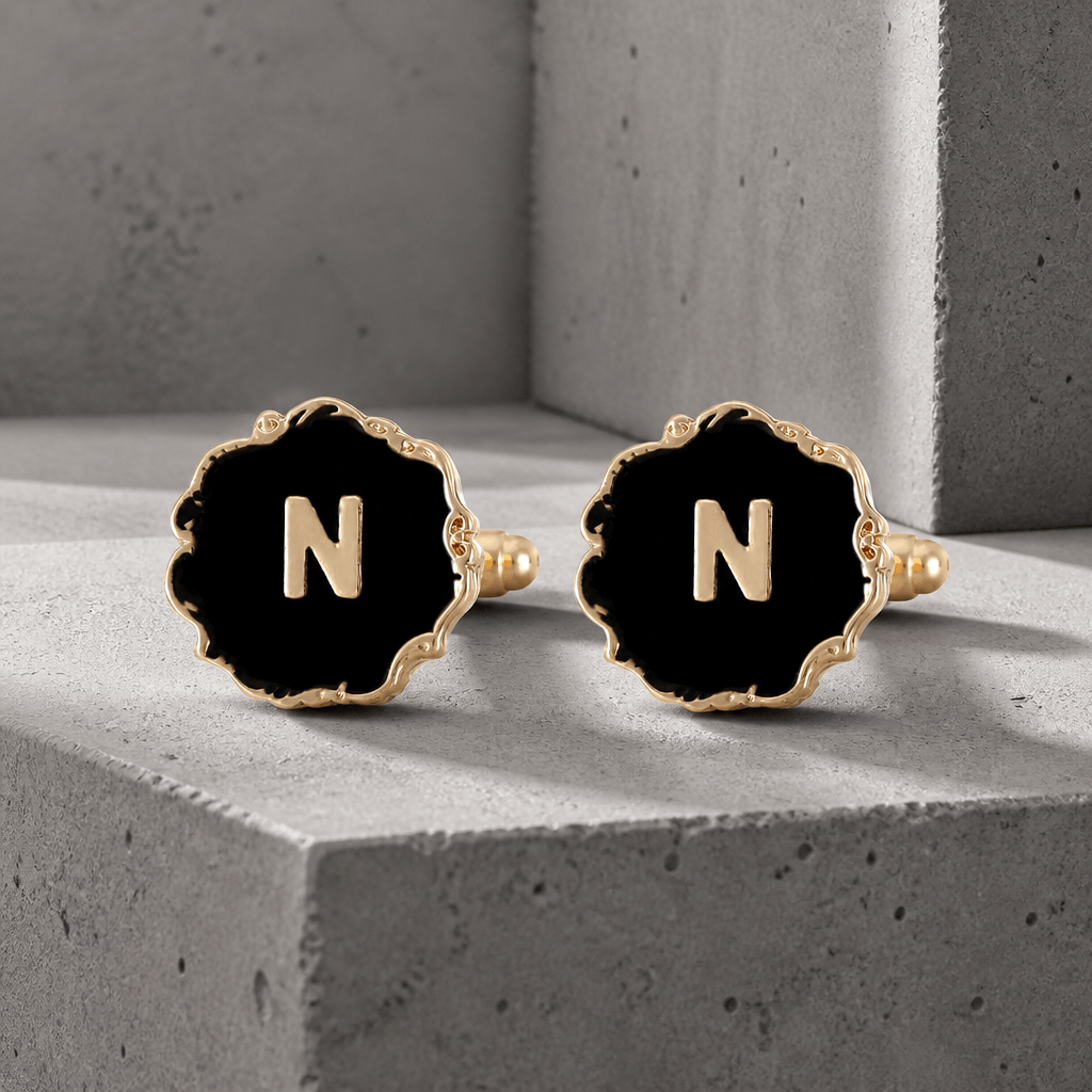 Boutons de manchette homme initiale N, émail noir et lettre dorée