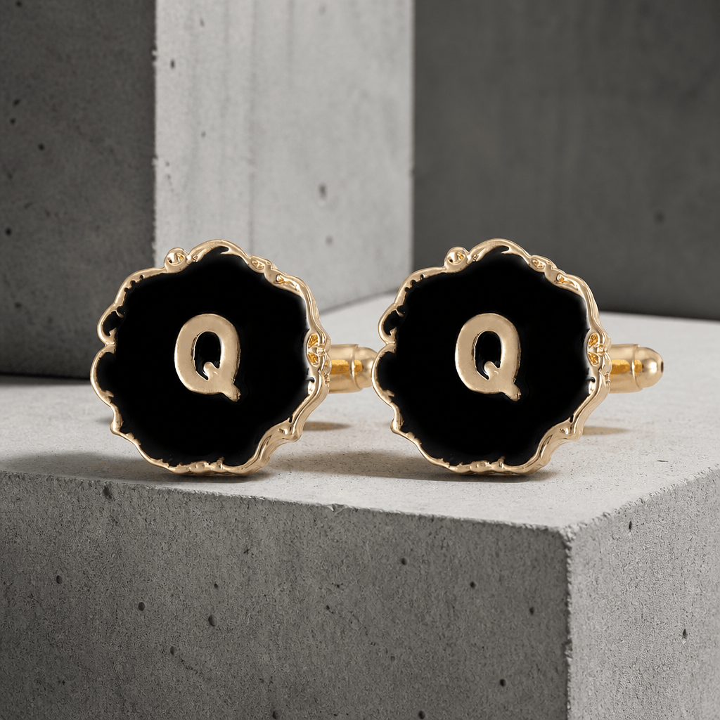 Boutons de manchette homme initiale Q, émail noir et lettre dorée