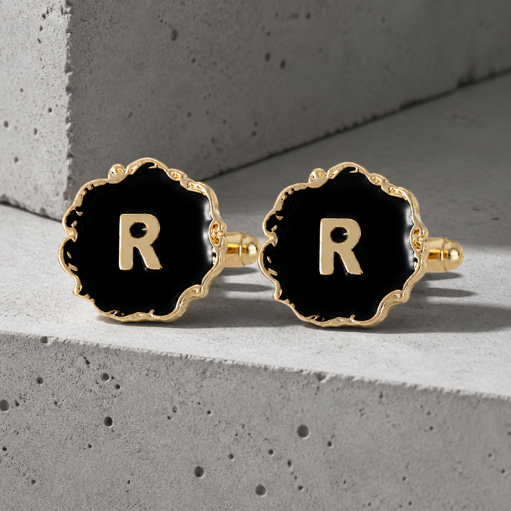 Boutons de manchette homme initiale R, émail noir et lettre dorée