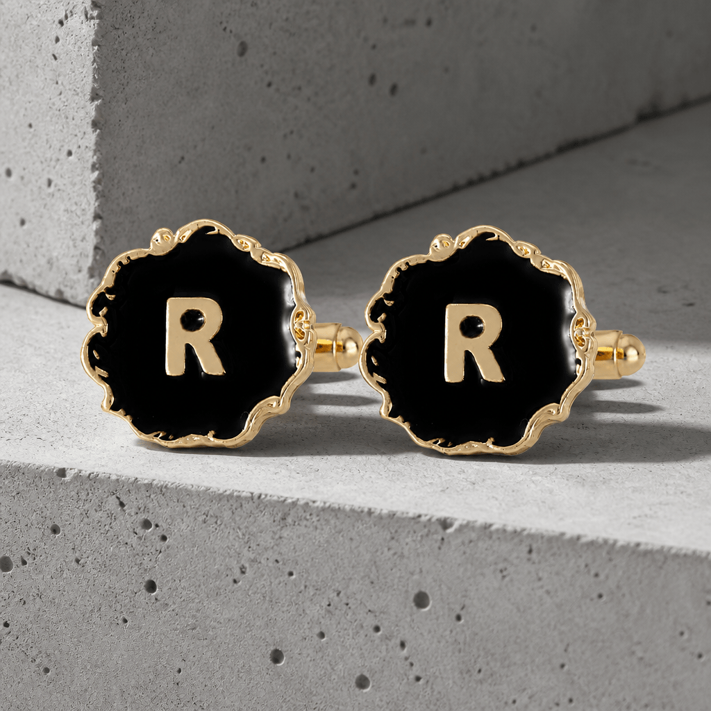 Boutons de manchette homme initiale R, émail noir et lettre dorée
