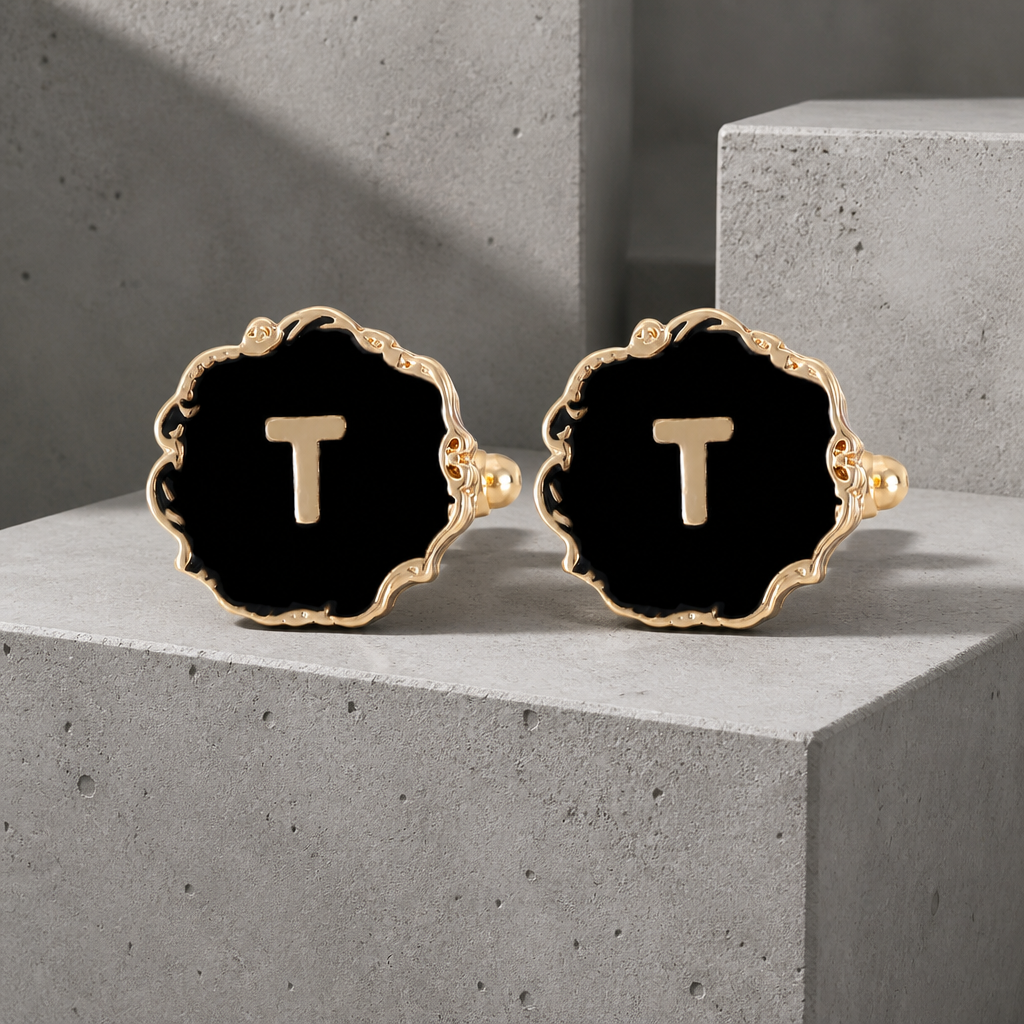Boutons de manchette homme initiale T, émail noir et lettre dorée