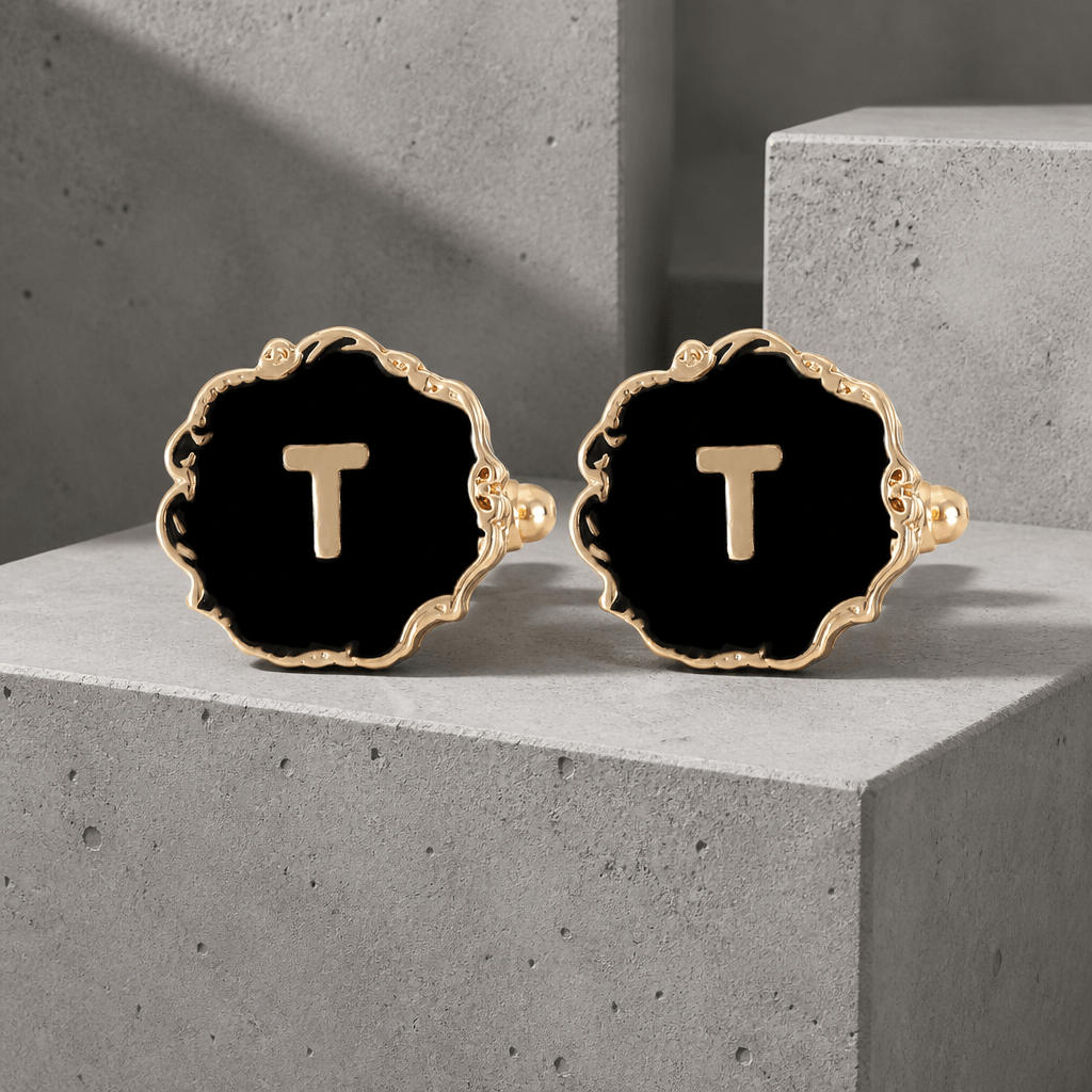 Boutons de manchette homme initiale T, émail noir et lettre dorée