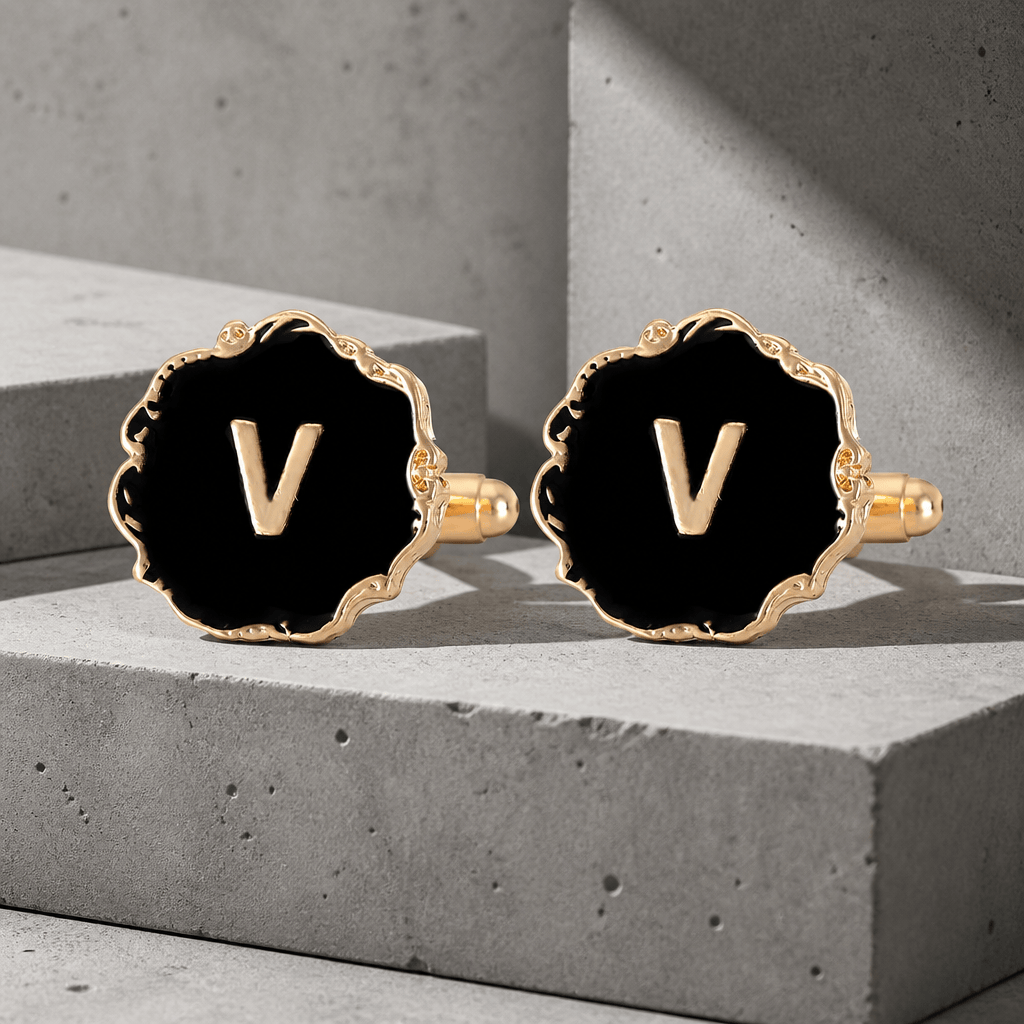 Boutons de manchette homme initiale V, émail noir et lettre dorée