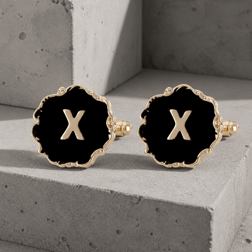 Boutons de manchette homme initiale X, émail noir et lettre dorée