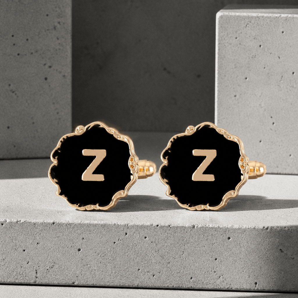 Boutons de manchette homme initiale Z, émail noir et lettre dorée