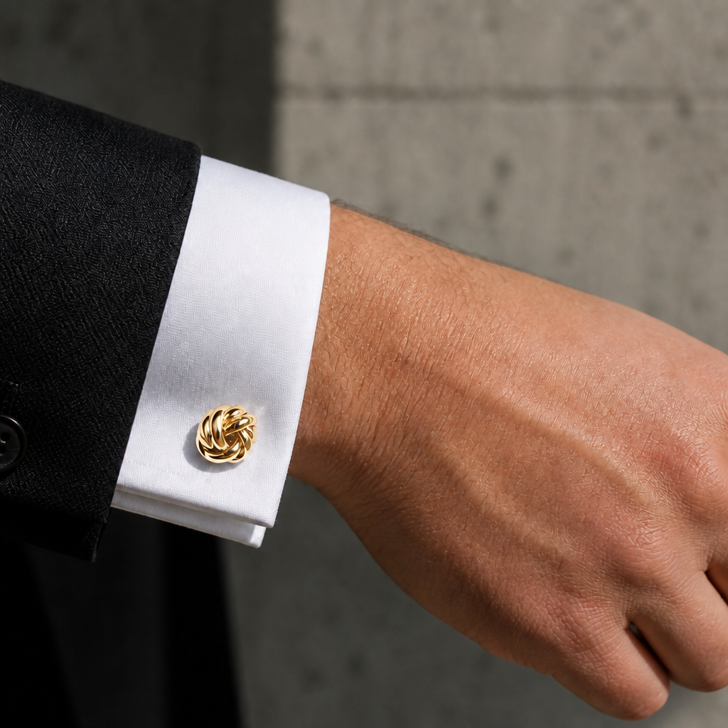 Bouton de manchette nœud or porté sur une chemise blanche