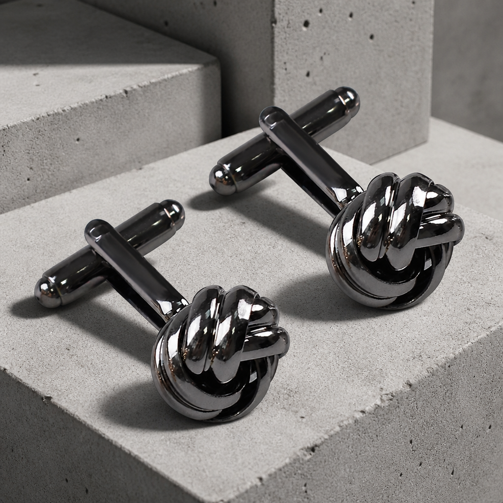 Boutons de manchette nœud noir en métal, fermeture à barrette pivotante