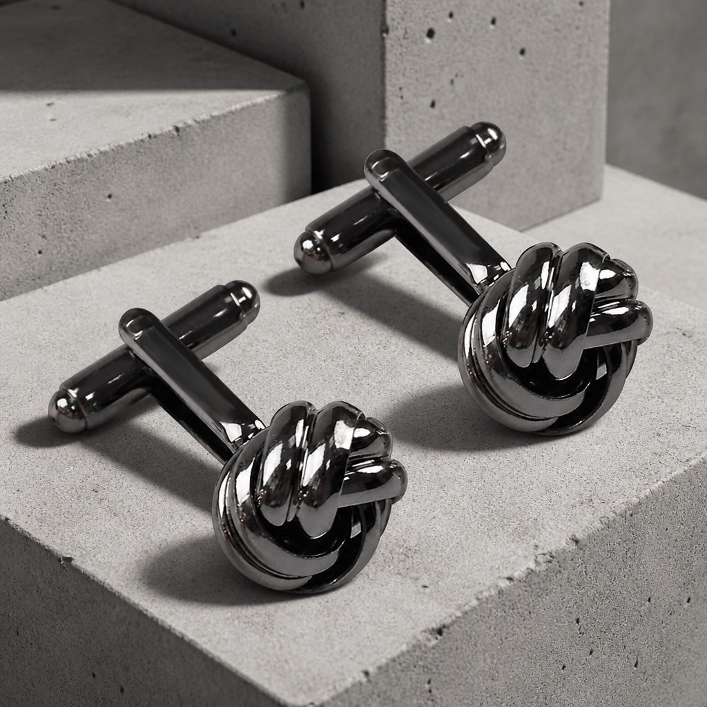 Boutons de manchette nœud noir en métal, fermeture à barrette pivotante