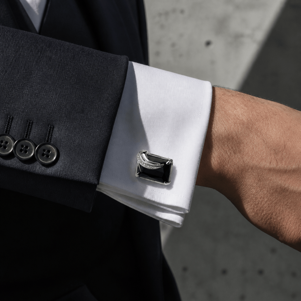 Bouton de manchette noir argenté porté sur une chemise à poignet mousquetaire