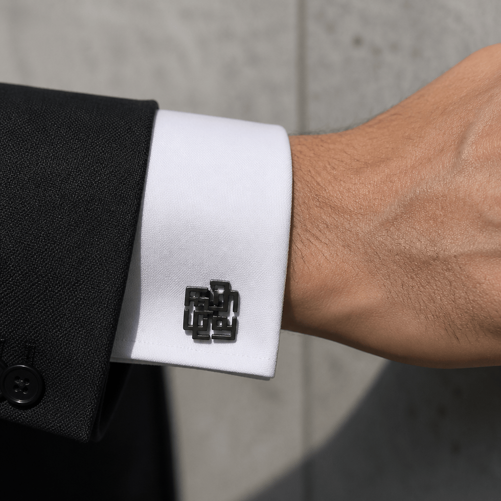 Bouton de manchette original noir porté sur un poignet mousquetaire de chemise blanche