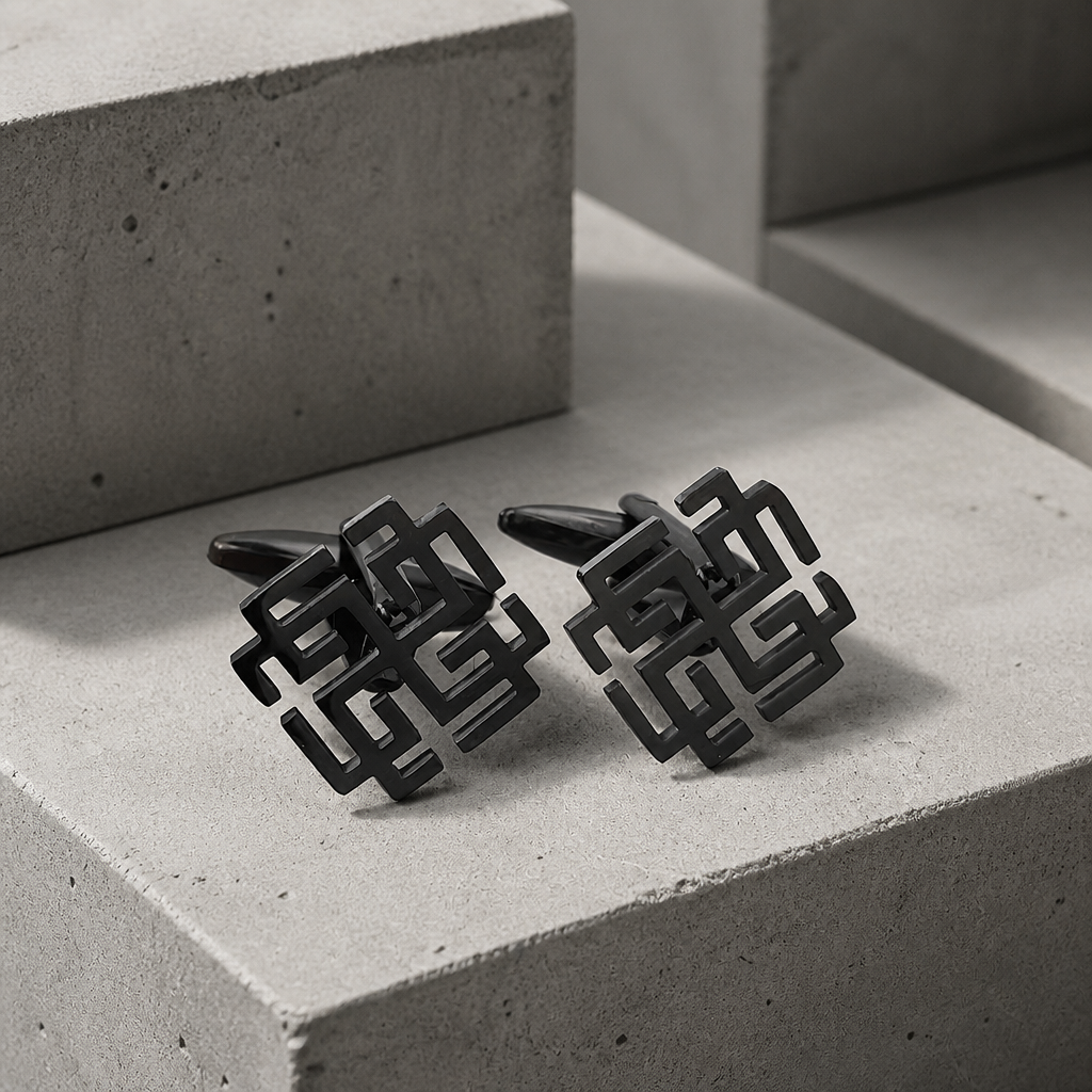 Boutons de manchette homme originaux motif labyrinthe finition noire