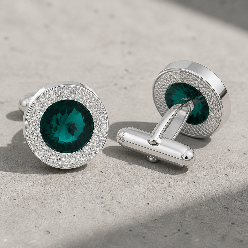 Détail de la bascule T-bar et du pavé de strass des boutons de manchette