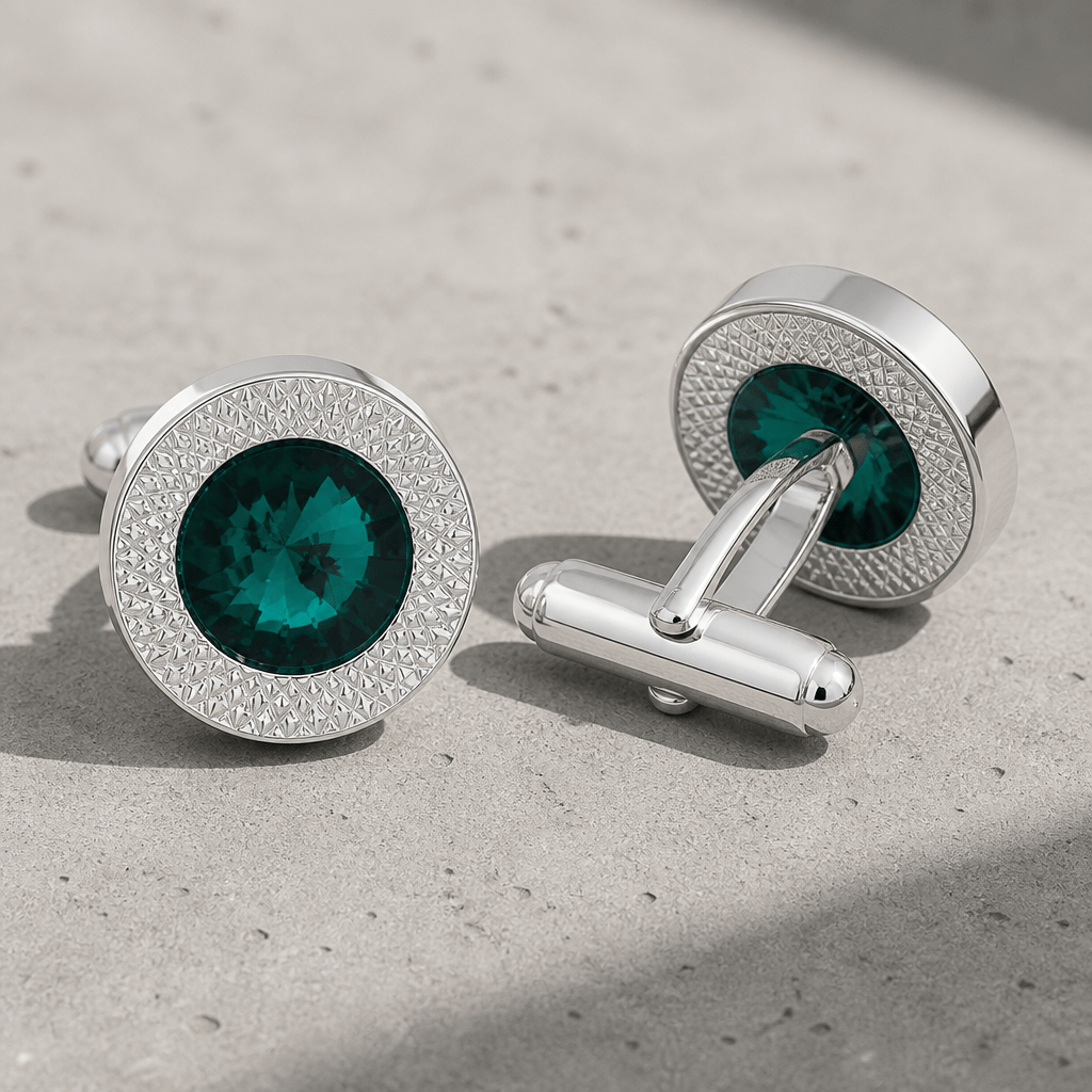 Détail de la bascule T-bar et du pavé de strass des boutons de manchette