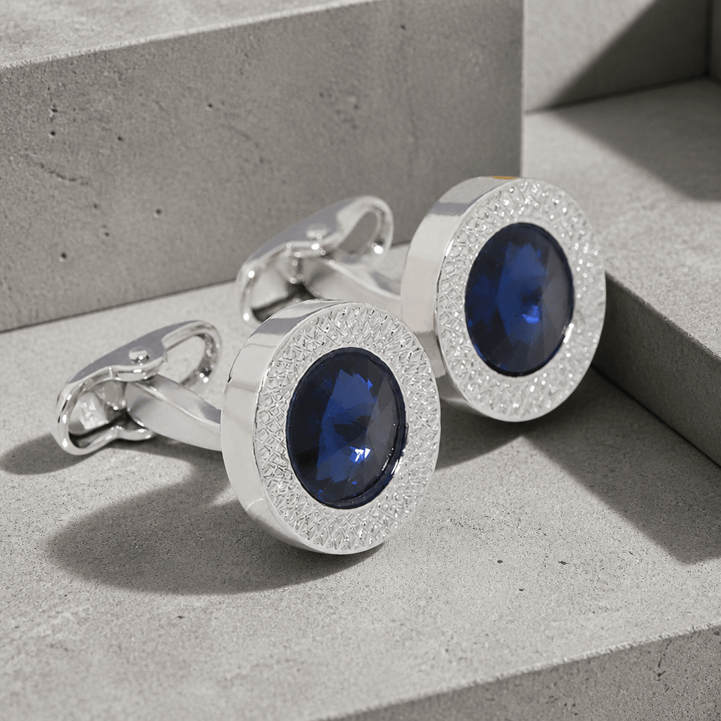 Boutons de manchette homme ronds à pierre cristal bleu et pavé de strass
