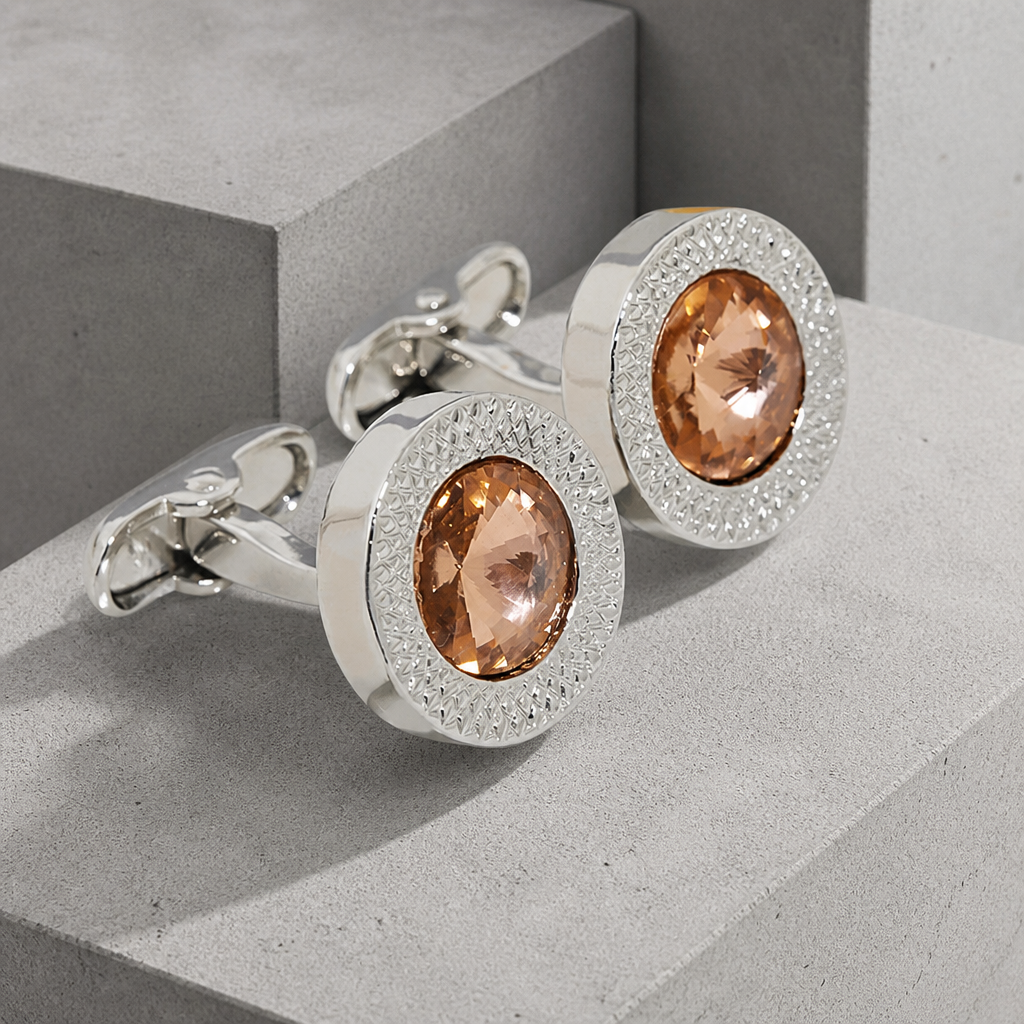 Boutons de manchette homme ronds à pierre cristal marron champagne