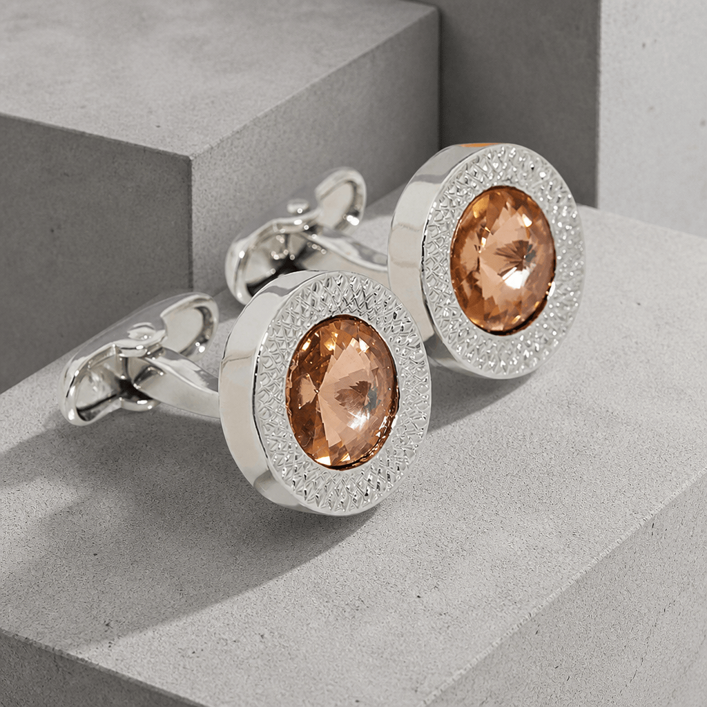 Boutons de manchette homme ronds à pierre cristal marron champagne
