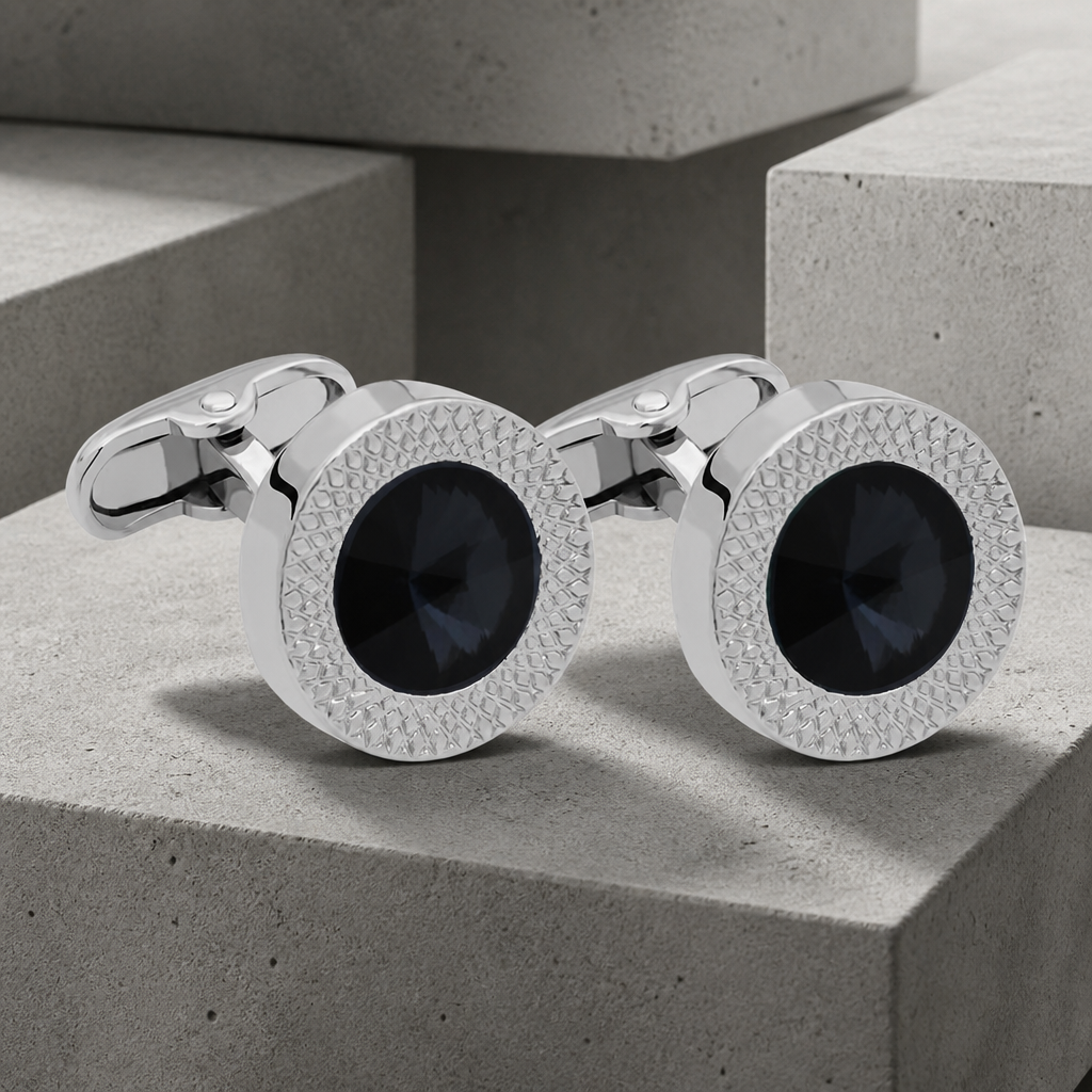 Boutons de manchette homme ronds à pierre cristal noir