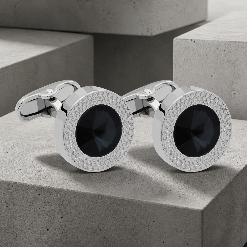 Boutons de manchette homme ronds à pierre cristal noir