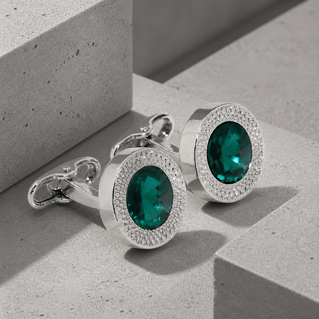Boutons de manchette homme ronds à pierre cristal vert