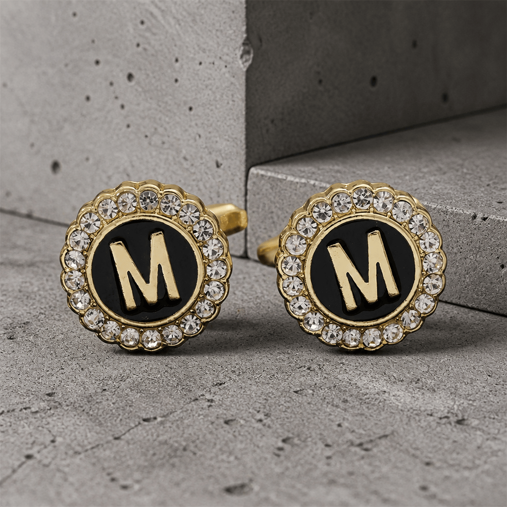 Boutons de manchette lettre M à cristaux pour mariage, plaqué or