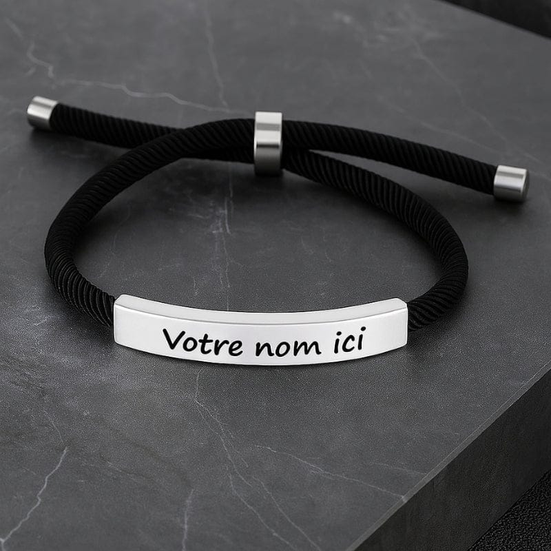 Bracelet à graver homme noir plaque argentée exemple personnalisation
