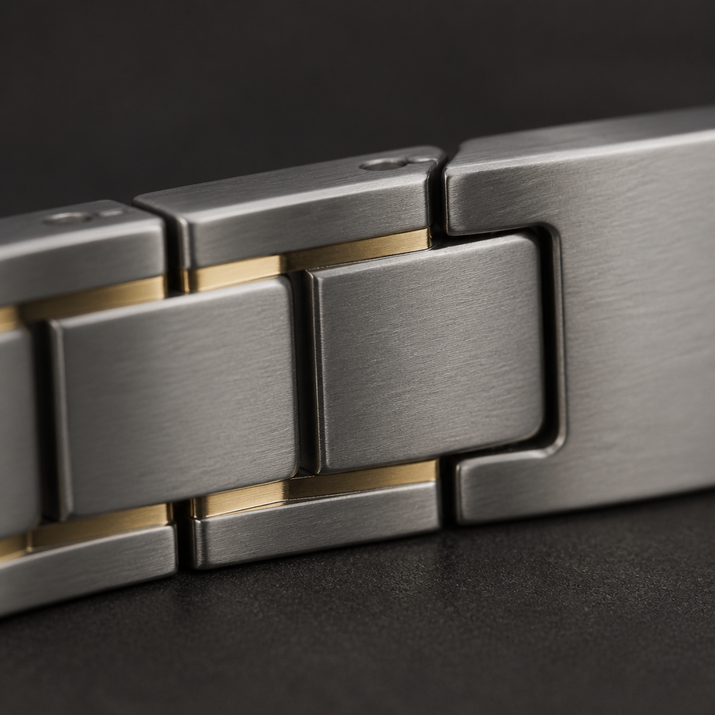Macro des maillons épais du bracelet acier homme en finition Argent à filets dorés, plaque brossée à graver
