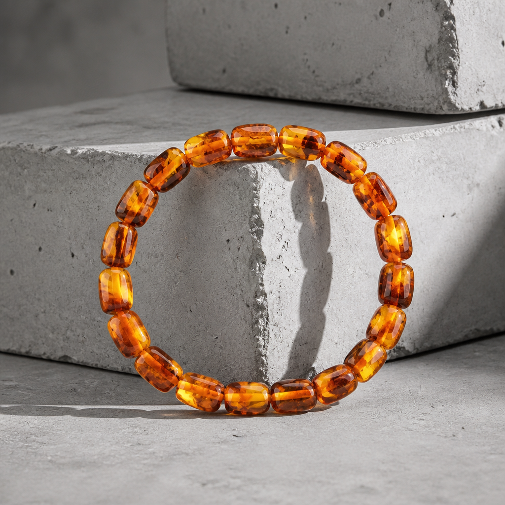 Bracelet ambre homme debout, épaisseur des perles d'ambre vue de profil