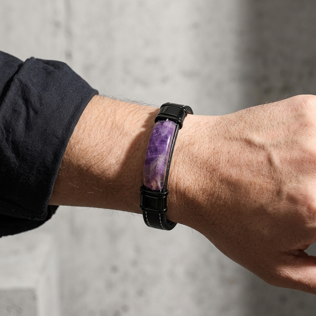 Bracelet améthyste homme porté au poignet, pierre violette sur cuir noir