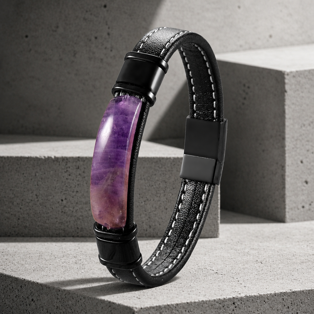 Bracelet améthyste homme en cuir noir surpiqué, pierre violette en cabochon, posé sur du béton