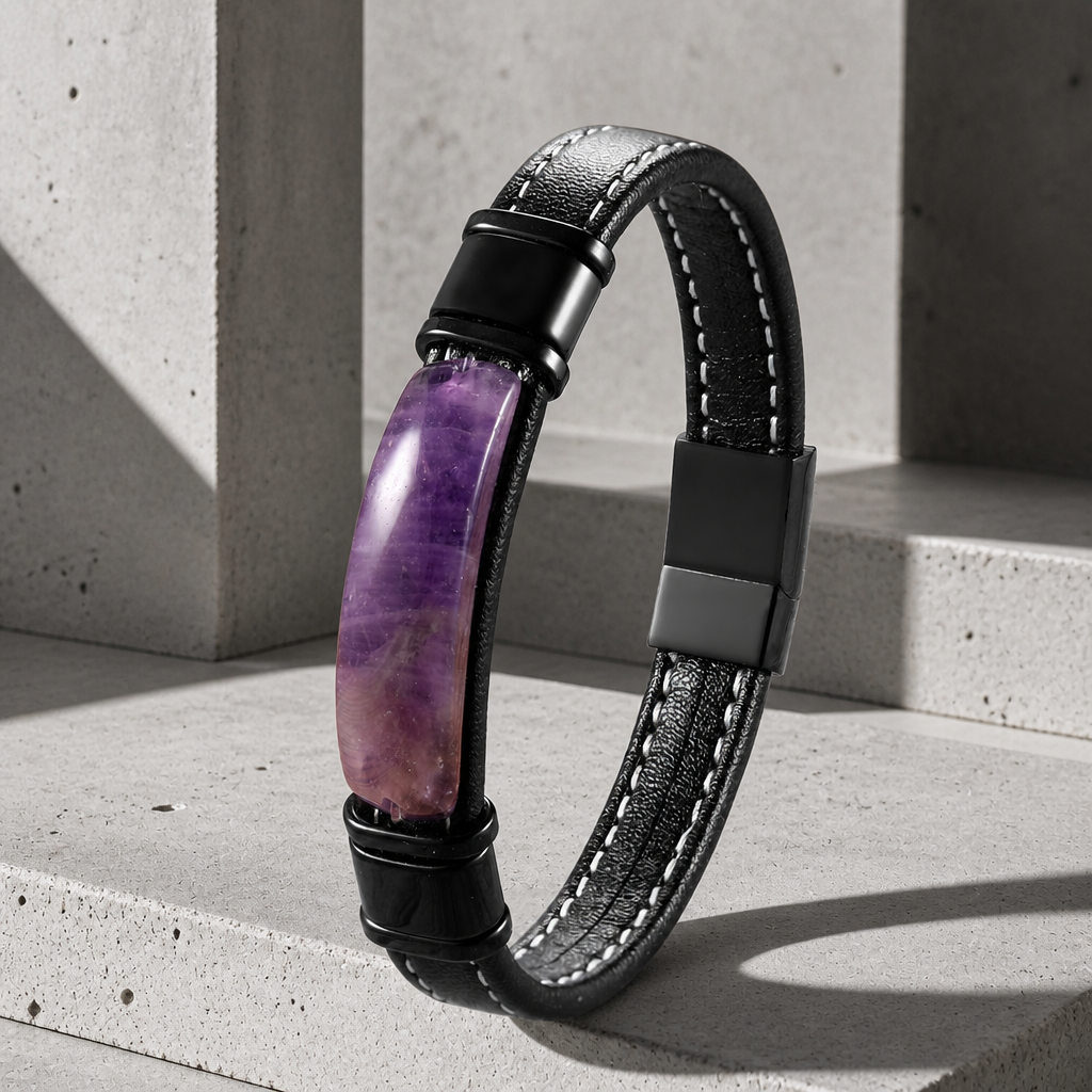 Bracelet améthyste homme vu de trois quarts, cabochon violet et boîtier d'acier noir