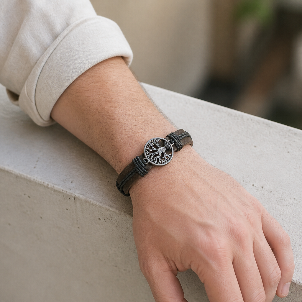 Bracelet arbre de vie homme porté seul au poignet, lanière de cuir marron et médaillon ajouré