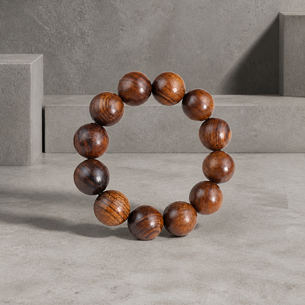 Bracelet boule homme en bois massif, billes rondes brunes veinées