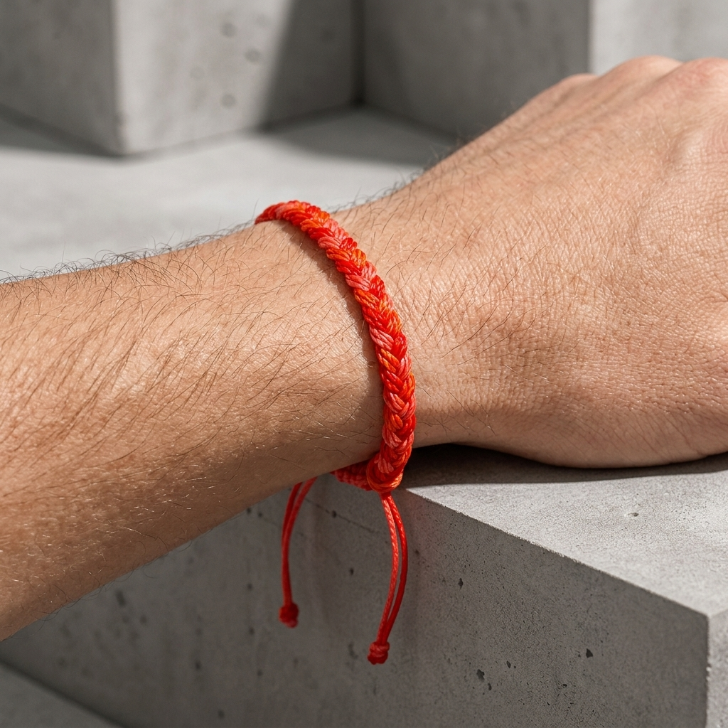 Bracelet brésilien homme rouge porté, brins libres pendant sous le poignet