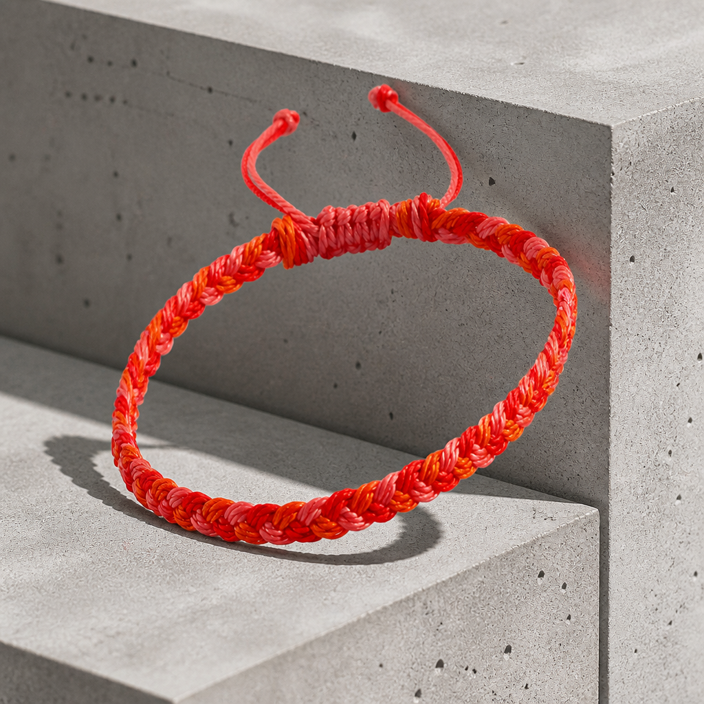 Bracelet brésilien homme rouge, tresse de fil ciré appuyée contre un bloc de béton
