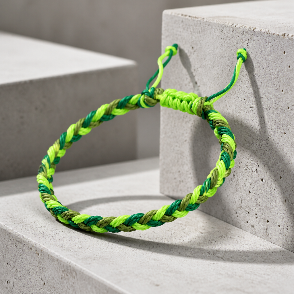 Coloris vert, mélange de fils vif et olive dans la même tresse