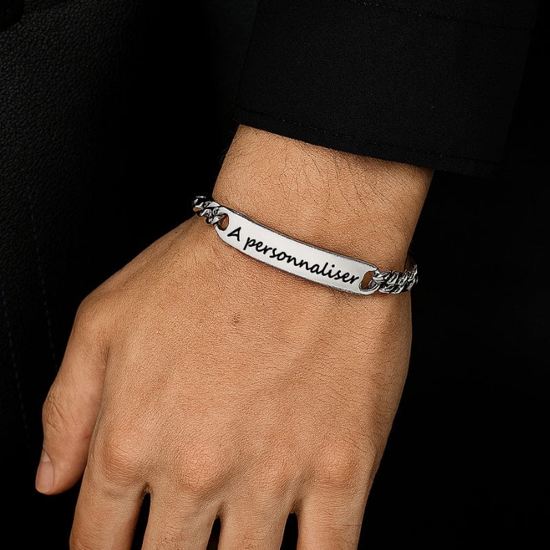 Bracelet chaîne homme argenté personnalisé plaque gravable acier inoxydable