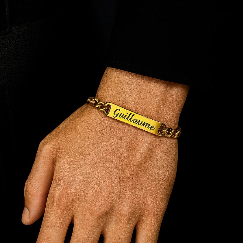 Bracelet chaîne homme doré personnalisé gravure laser plaque acier