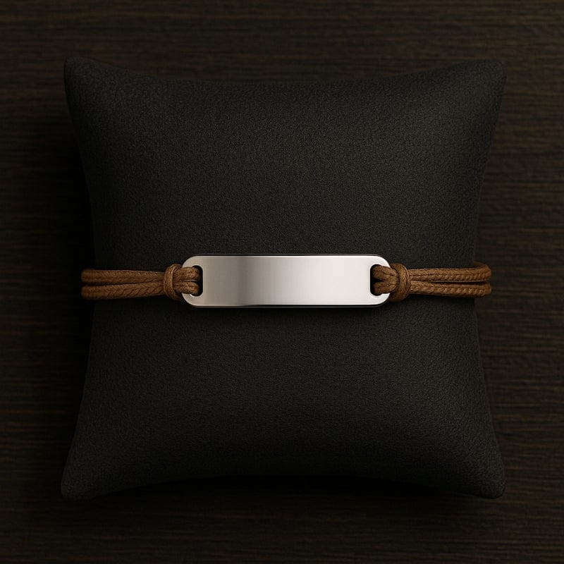 Bracelet cordon marron homme plaque argentée personnalisée acier
