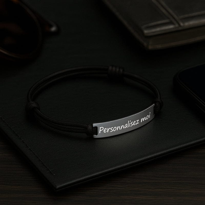 Bracelet cordon noir homme personnalisable plaque gravable acier