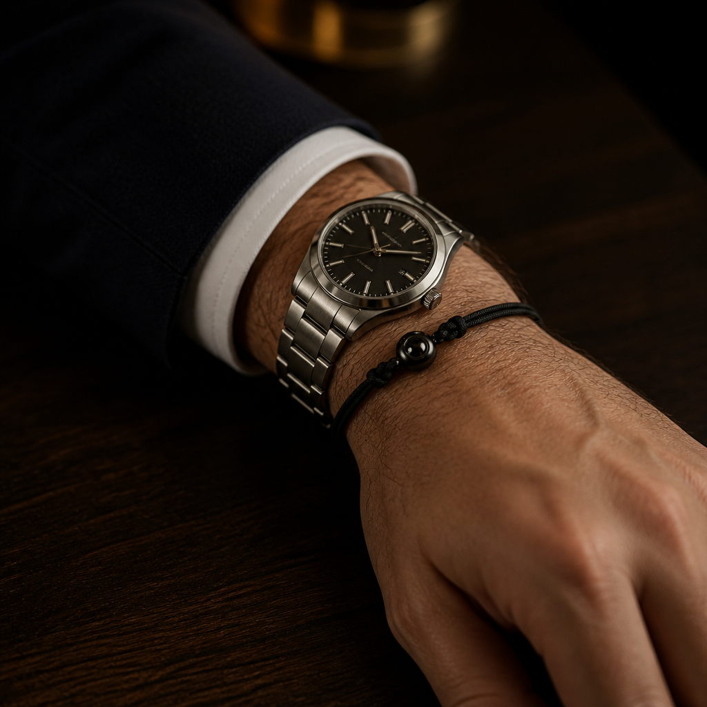 Bracelet cordon photo personnalisé porté au poignet à côté d'une montre en acier