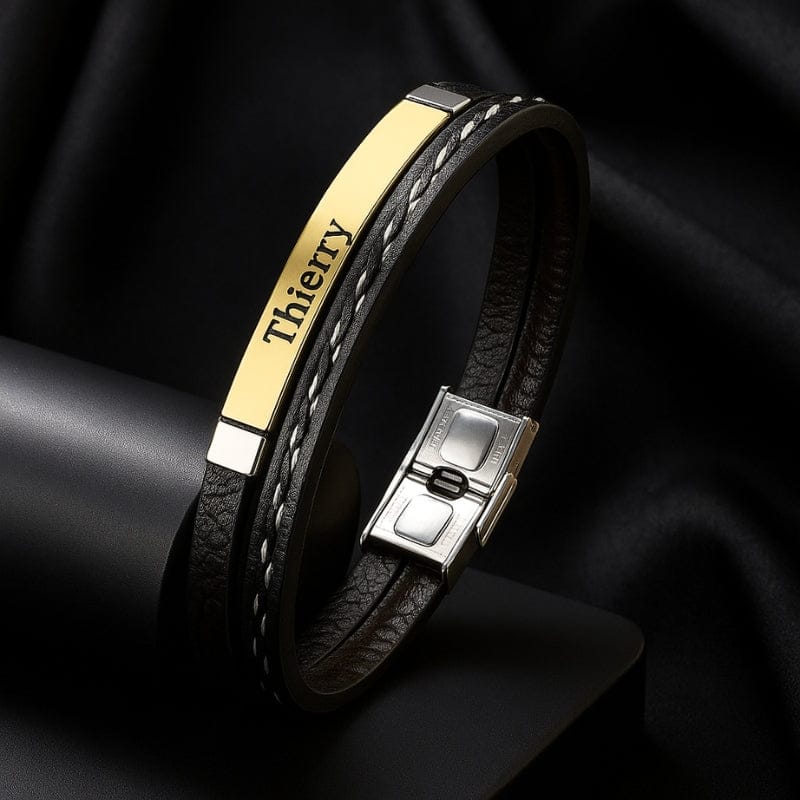 Bracelet cuir acier doré personnalisé gravé prénom homme cuir authentique LBDH
