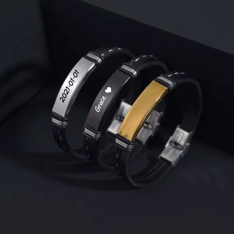 Bracelet cuir homme gravé personnalisé or noir et argent