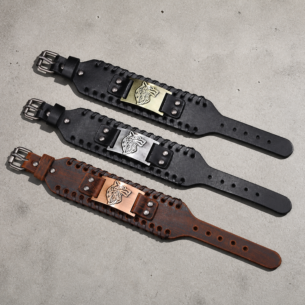 Les trois versions du bracelet cuir homme viking, plaques cuivre, bronze et argent