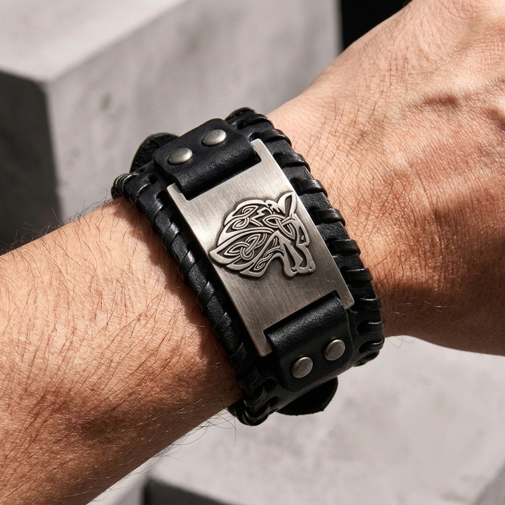 Bracelet cuir homme viking noir porté au poignet, plaque argentée