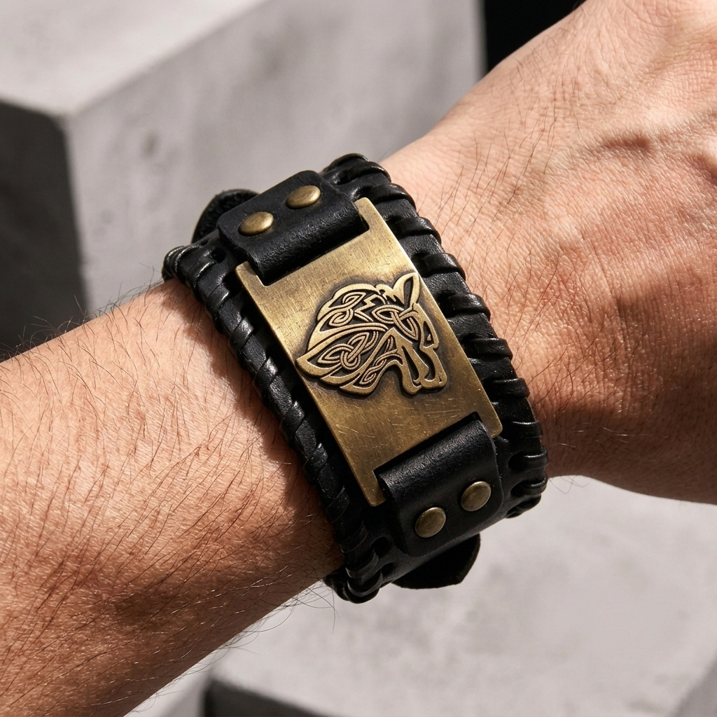 Bracelet cuir homme viking noir porté au poignet, plaque bronze
